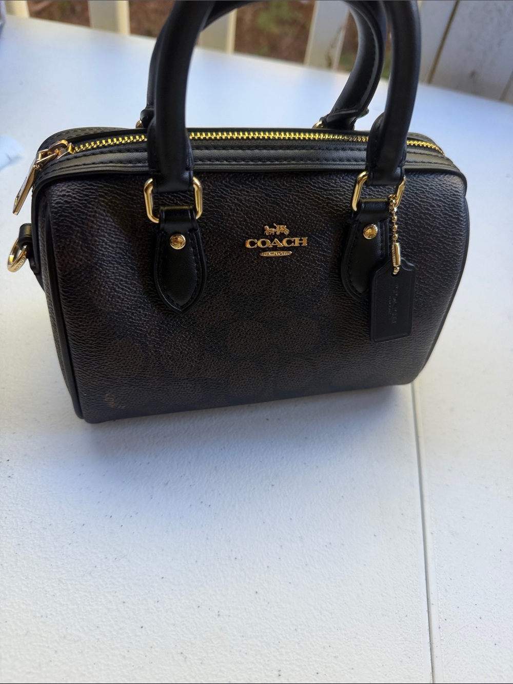 Coach Black and Brown Signature Mini Satchel with Gold Hardware